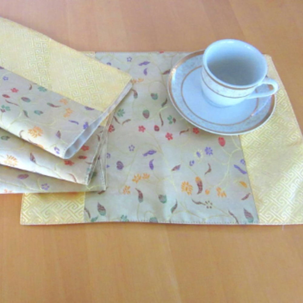 Gold satiny floral embroidered placemats - set of 4 - greek key design